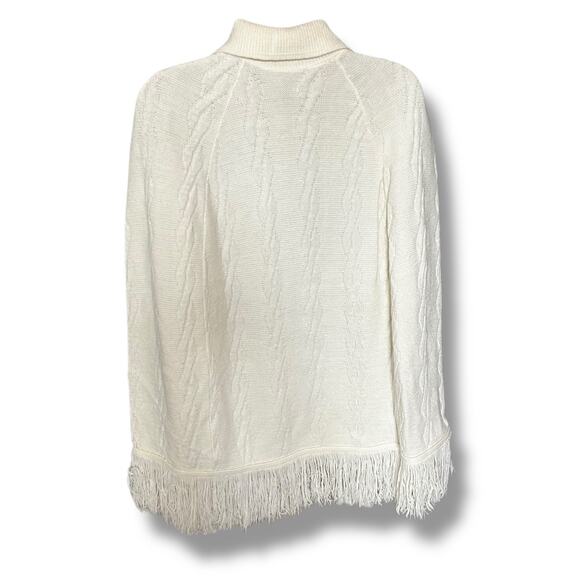 Vintage Cream Knit Cape Poncho Fringe Trim Button Up Boho Western Cloak Shawl - Picture 7 of 9
